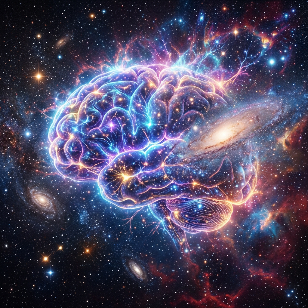 Glowing human brain with neural connections surrounded by galaxies and stars